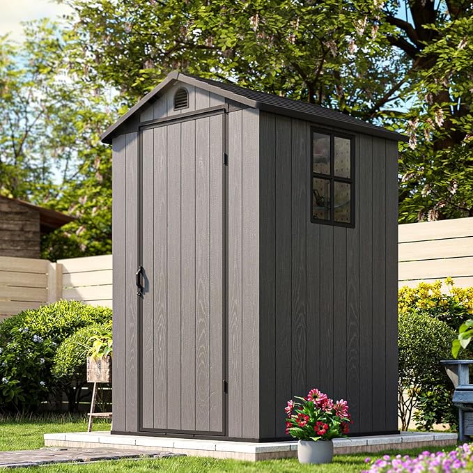 Patiowell 4 x 4 FT Plastic Outdoor Storage Shed with Floor, Garden Tool Resin Shed with Two Windows and Lockable Door for Garden, Backyard, Lawn, Easy to Install, Dark Grey