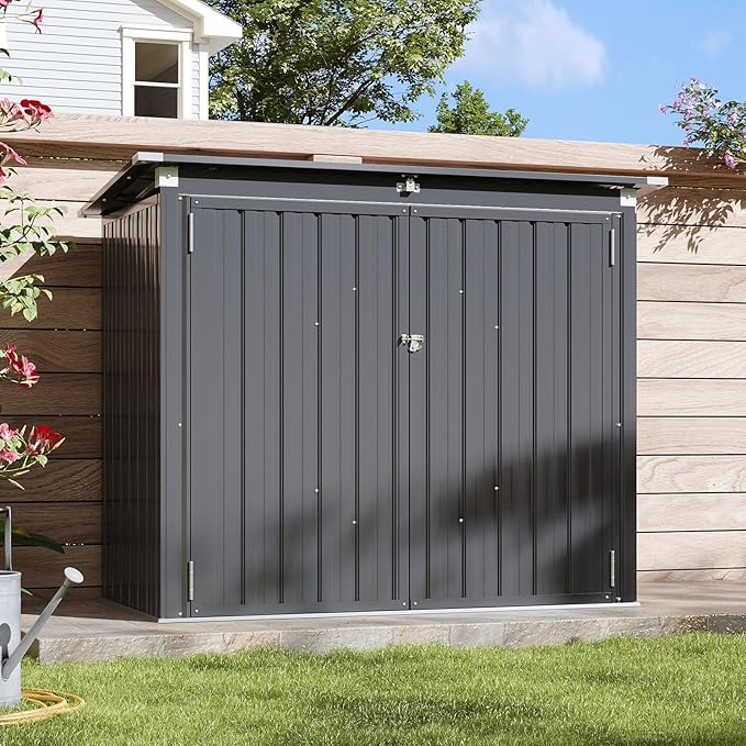 Aoxun Outdoor Storage Shed Metal Trash Can Storage with Chain Lid Waterproof Outdoor Garbage Can Organizer, Ideal for 2 Trash Bins, Generator, Garden Tools (Black)