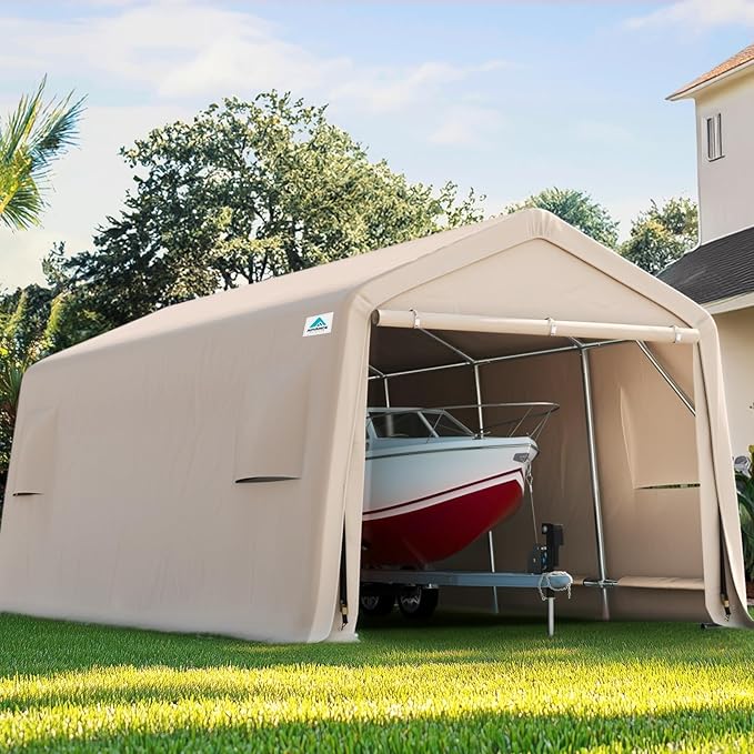 ADVANCE OUTDOOR Heavy Duty Carport 10X20 ft Outdoor Patio Portable Canopy Storage Shelter Shed with 2 Rolled up Zipper Doors & Vents for Snowmobile Garden Tools, Beige