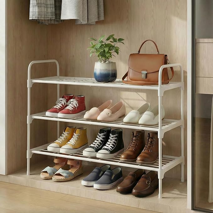 3-Tier Shoe Rack Organlzer, Rustproof lron, Spaclous Shoe Storage Shelf for Closet or Entryway, Fits Sneakers & Slippers, White