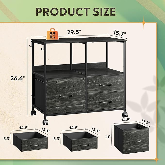 DEVAISE 3 Drawer Mobile File Cabinet, Rolling Printer Stand with Storage Shelf, Fabric Lateral Filing Cabinet fits A4 or Letter Size, Adjustable Shelf for Home Office, Charcoal Black Wood Grain Print