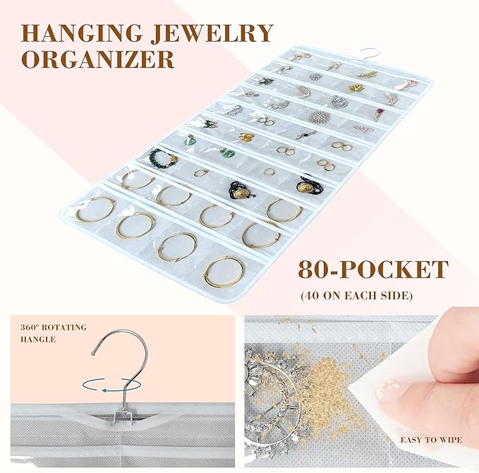 80 Pocket Hanging Jewelry Organizer with Hanger Metal Hooks Storage On Wall Door Closet Double-Sided(Each Side 40 Pockets) Jewelry Holder for Earrings, Necklaces, Rings (White+White)