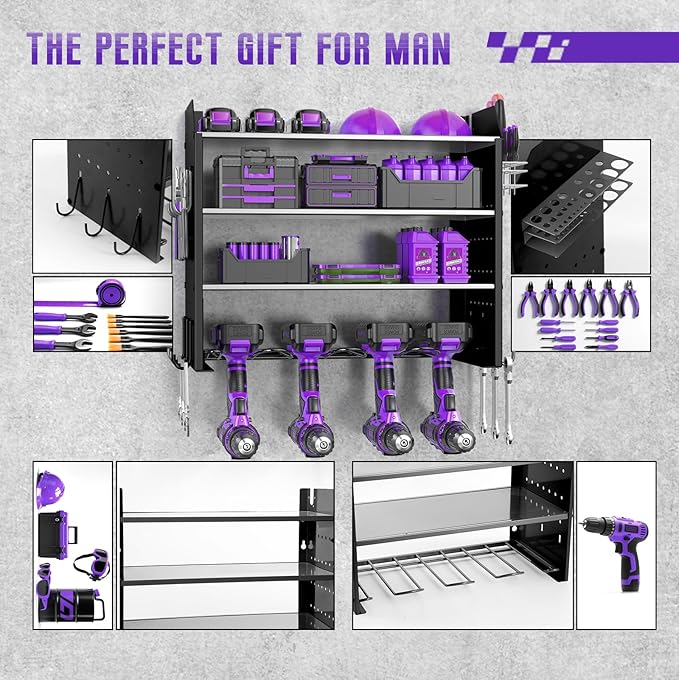 Power Tool Organizer Wall Mount, 4 Tier Tool Rack for power tool Storage,Garage Tool Organizer with Hooks for Men Gift,Black