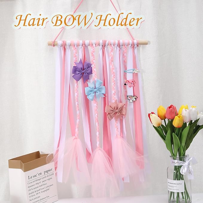 YOcity Bow Holder for Girls Hair Bows Organizer for Girls with Lace Ribbon Perfect for Baby Girl Nursery Room Decor (White+Pink)
