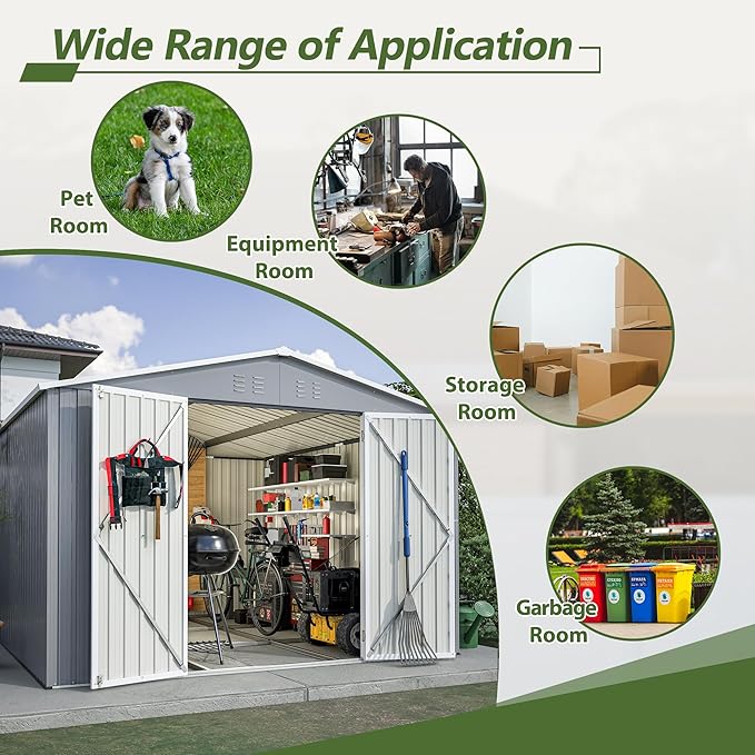 10×10 FT Outdoor Storage Shed,Metal Aluminum Waterproof Tool Sheds with Foundation,Doors & Vents,Heavy-Duty Sheds Unit W/Lock & Key,for Storing Bicycles,Lawnmowers,Barbeques,Gray