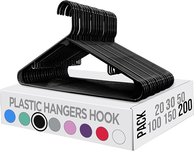 Utopia Home Plastic Hangers 200 Pack - Clothes Hanger with Hooks - Durable & Space Saving (Black)