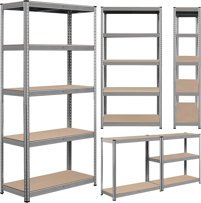 Topeakmart 5-Tier Utility Shelves, Metal Storage Shelves Garage Shelving Unit Adjustable Garage Storage Shelves Storage Racks Heavy Duty Shed Shelving- Light Gray, 35.5 x 16 x 71 Inch