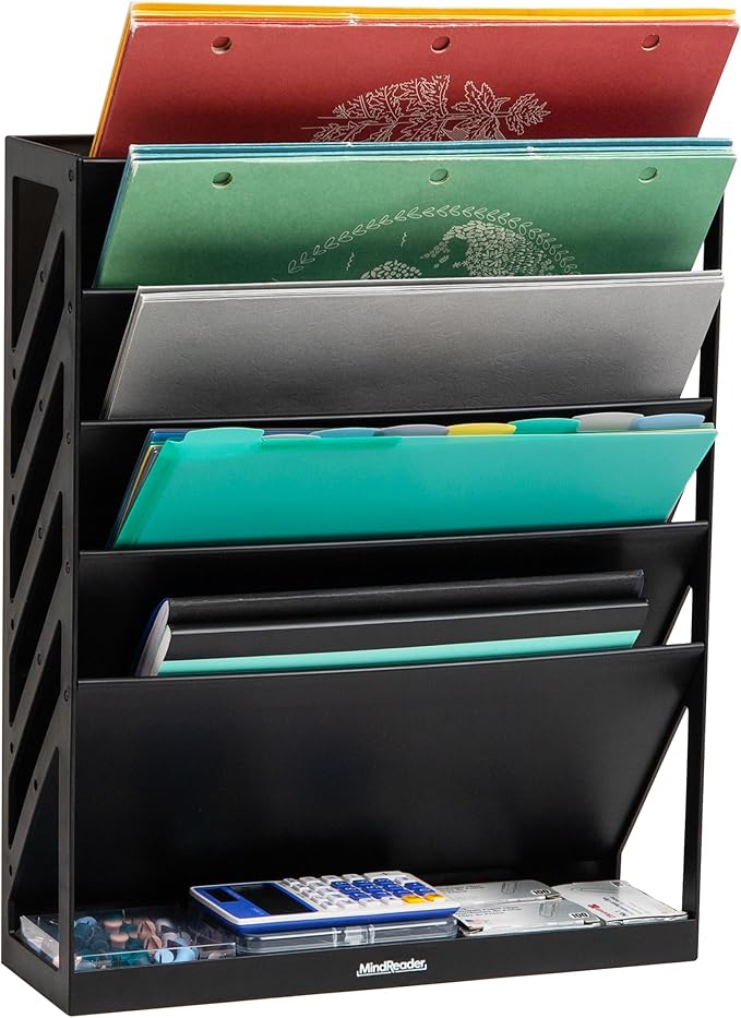 Mind Reader 5-Tier Vertical File Storage, Desktop Organizer, Wall Mount, Office, Plastic, 13"L x 4.25"W x 16"H, Black