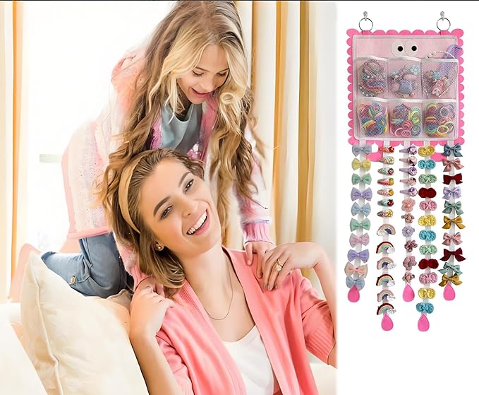 Hanging Hair Clip Organizer with Pockets for Hair Ties, Hair Bow Holder for Girls Barrettes, Scrunchies – Cute Hair Accessories Organizer for Kids & Toddlers