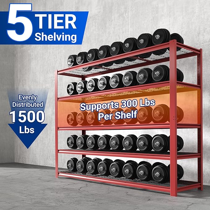 FLEXIMOUNTS 60" W Garage Shelving, 5 Tier Storage Shelves Load 1500LBS, Adjustable Garage Shelving Heavy Duty, Metal Shelves Unit for Basement, Warehouse, 60" W x 72" H x 24" D, Red