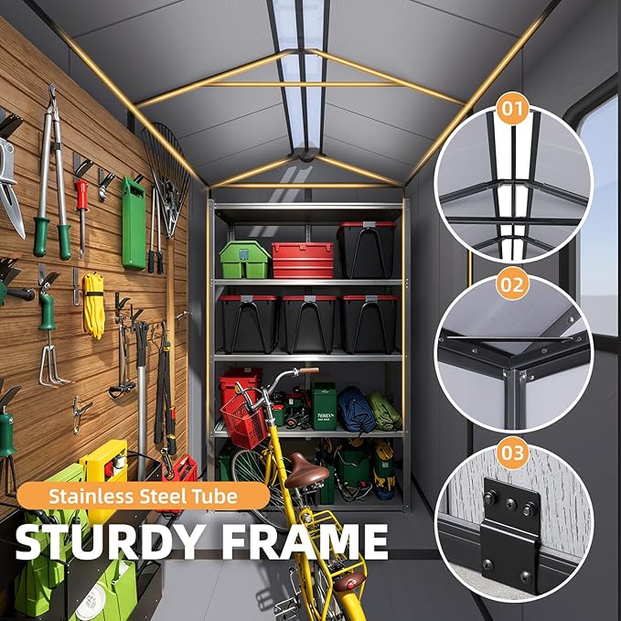 MELLCOM 4 x 6 FT Resin Outdoor Storage Shed with Floor, Resin Outdoor Storage Tool Shed with Windows and Lockable Door, Garden Shed for Lawnmower, Bike, Pool Supply
