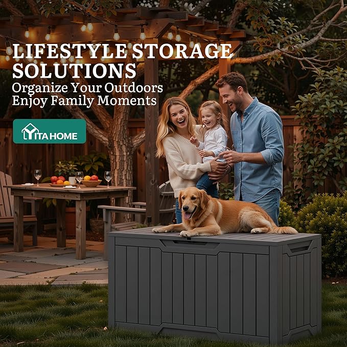 YITAHOME 100 Gallon Outdoor Storage Box, Large Water Resistant Resin Deck Box, Indoor Outdoor Lockable Storage Container for Patio, Garden, Cushions, Tools, Equipment (Dark Gray)