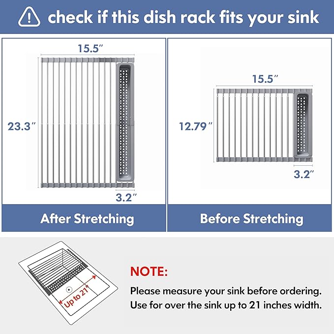 JASIWAY Over The Sink Dish Drying Rack for Kitchen, Expandable (12.8"-23.8" D x 15.5" W) Roll Up Dish Drainer with The Function of Fordable, Rust Proof, Large Sink Cover with Removable Utensil Holder