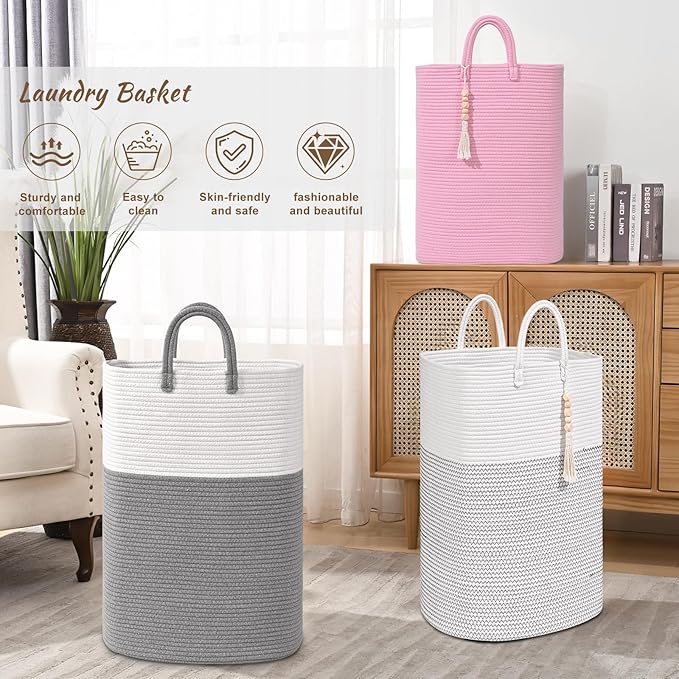 Woven Laundry Basket for Clothes, 100L Large Rectangle Laundry Hampers with Beads Tassel, Nursery Storage Basket for Toys, Tall Dirty Clothes Hamper for Bedroom Aesthetic, Laundry Room Organization