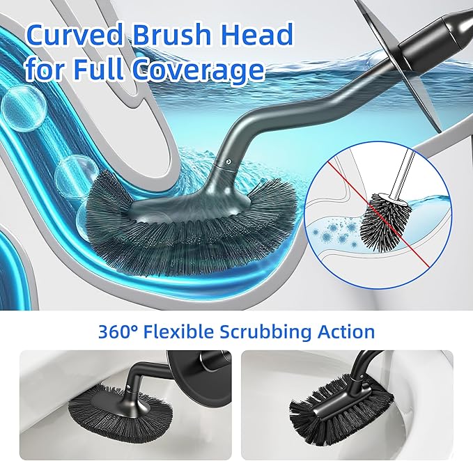 Toilet Brush and Holder Set with Pumice Stone – Long Handle Toilet Bowl Brush, Anti-Splash Scrubber, Ventilated Drip-Free Base, Deep Cleaner for Hard Water Stains, Limescale, Toilet Rings