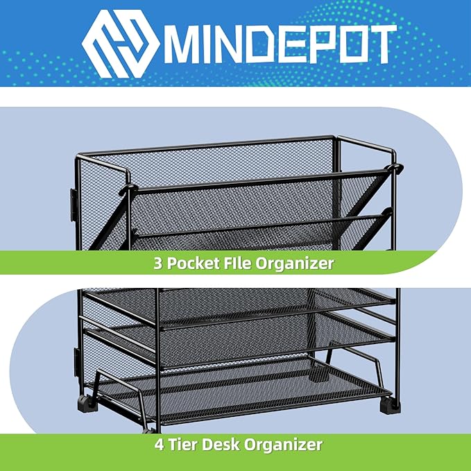 4-Tier Paper Organizer + 3-Pocket File Holder, Desktop File Organizers Paper Tray for Office School Classroom Workspace Organization (Black Desk Organizer, No Drawer & No Pen Holder)