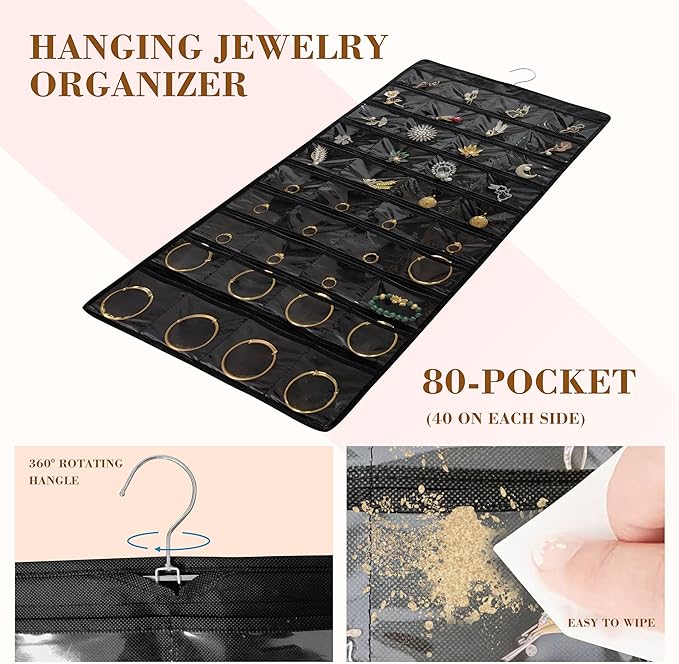 2 PACK (Each Pack 80 Pockets,Total 160 Pockets) Hanging Jewelry Organizer with Hanger Metal Hooks Storage On Wall Door Closet Double-Sided Jewelry Holder for Earrings, Necklaces, Rings (2 Pcs Black)