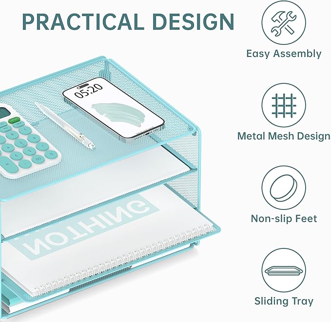 DALTACK 3 Tier Letter Tray Paper Organizer Mesh Metal Desk File Organizer for Home & Office, Light Blue