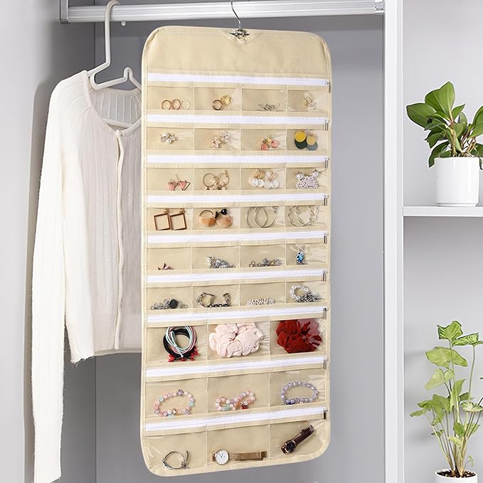 Hanging Jewelry Organizer Storage with Hanger, 66 Pockets Earring Holder Organizer Necklace Holder with Zippers for Woman Travel Storage Roll with Pockets Hang Closet Wall Door 1pcs
