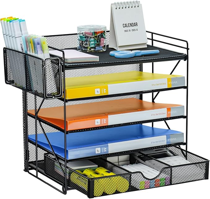 GALASALA Desk Organizers, 5-Tier Mesh Desktop File Organizer, Paper Organizer Letter Tray with Drawer, Paper Sorter for School Office Supplies Desk Accessories, Black