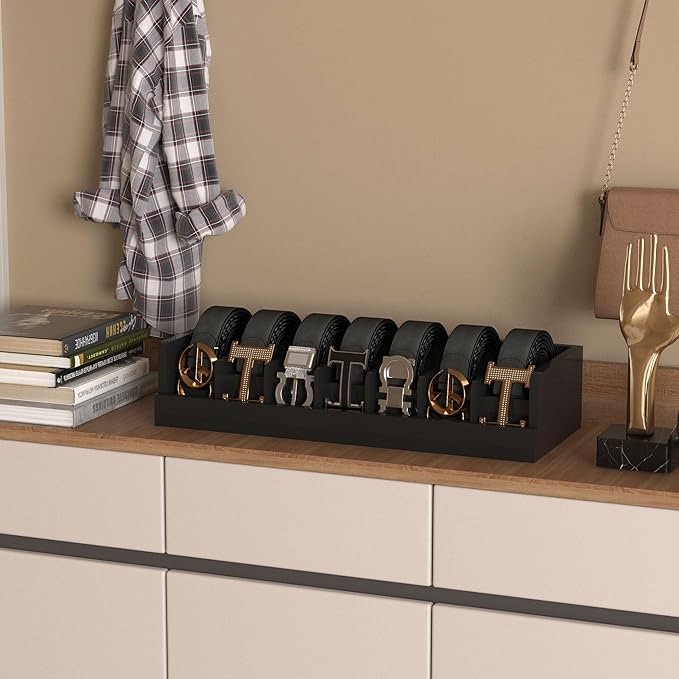 Belt Storage Organizer Box - 7 Grids Bamboo Belt Organizer for Closet | Wooden Belt Tie Hanger Racks for Men Women Drawer | Belt Display Holder Wall Mount with 2 Pcs Tie Clip (Black)