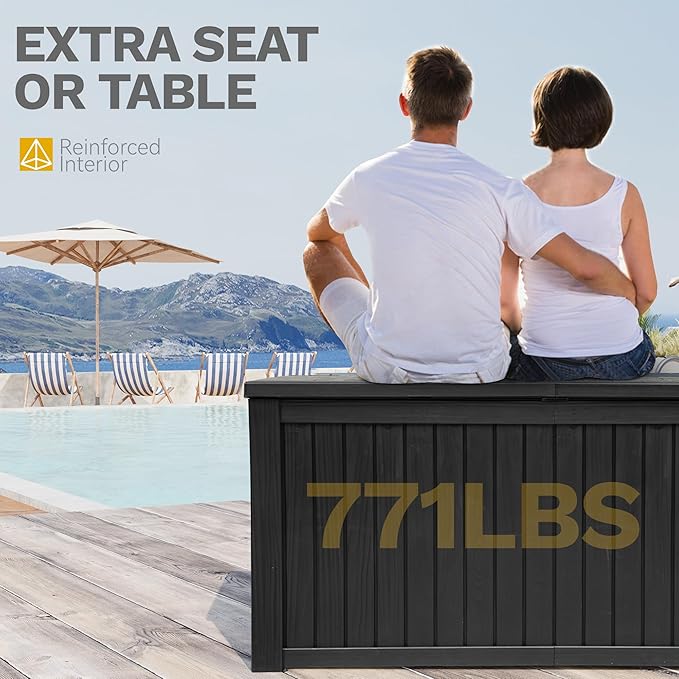 DWVO 180 Gallon Extra-Large Patio Deck Box, Waterproof Resin Outdoor Storage Box with Removable Divider for Patio, Garden, Pool, Furniture and Tools, Black