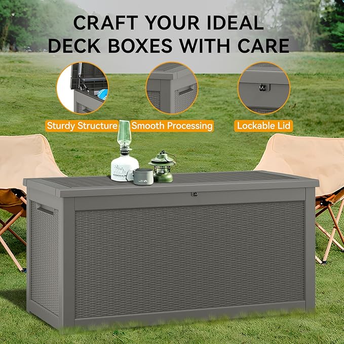 KAMABOKO 260 Gallon Outdoor Storage Box, Resin Deck Boxes Indoor and outdoor, Waterproof Storage Box Lockable Lid for Garden Tools, Package Delivery, Patio Cushions, Grey