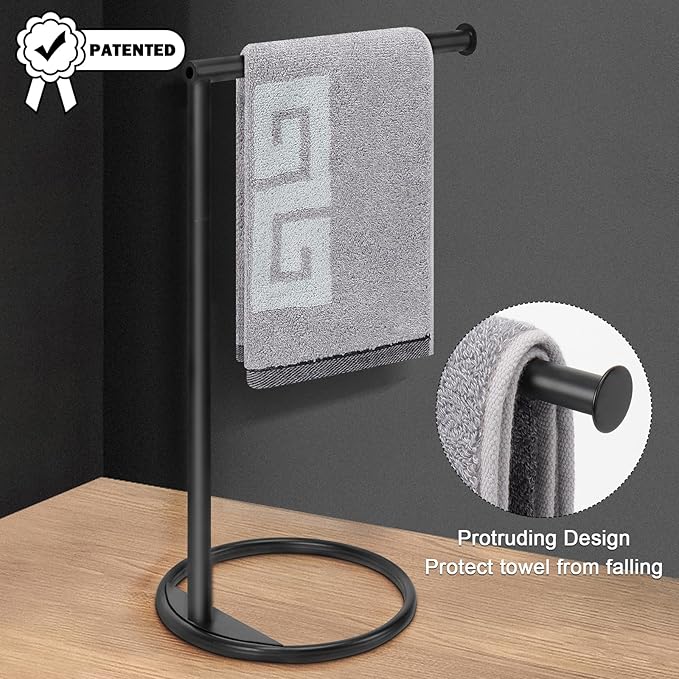 NearMoon Hand Towel Holder Stand, Thicken Metal L Shape Hand Towel Rack, Small Towel Ring, Stable Standing Towel Bar for Bathroom Kitchen Vanity Countertop, 8” L 14” H (Matte Black, 1 Pack)