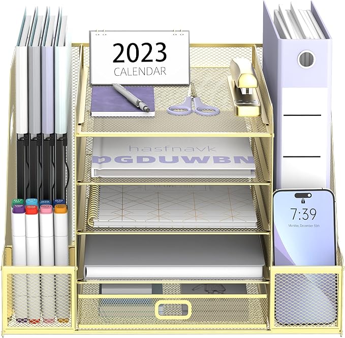 SUPEASY Mesh Desk Organizer with File Holder, 5-Tier Paper Letter Tray Organizer with Magazine Holder, Desktop Organizer and Storage with Drawer for Office Supplies Home or School (Golden)