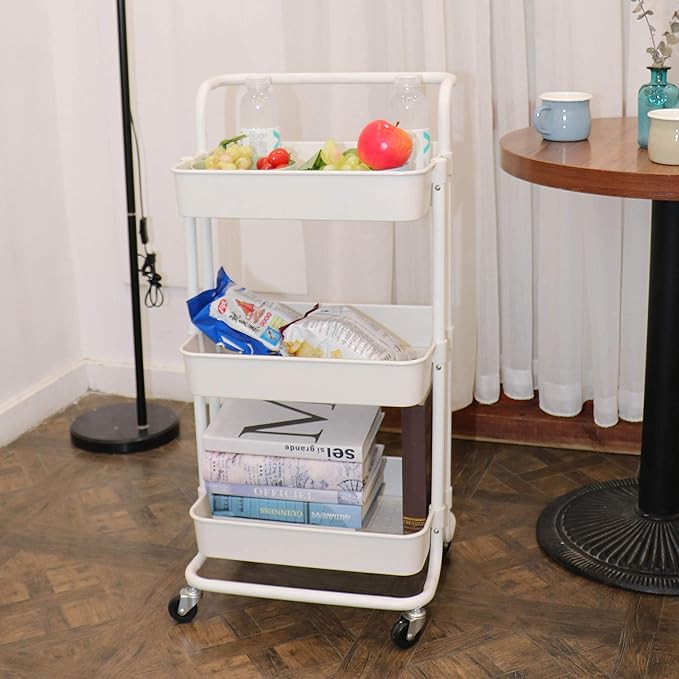 3 Tier Utility Rolling Cart Multifunction Organizer Shelf Storage Cart with 3 Pieces Cups and 8 Pieces Hooks for Home Kitchen Bathroom Laundry Room Office Store etc. (White)