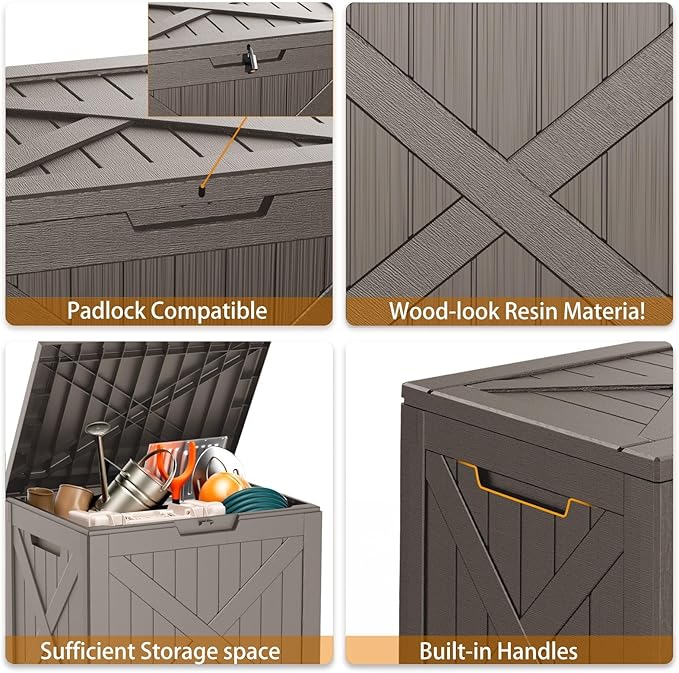 35 Gallon Outdoor Deck Box,Waterproof Resin Outdoor Storage Boxes, Outside Storage Lockable Container for Garden Tools,Indooor Cushions,Accessories (Grey)