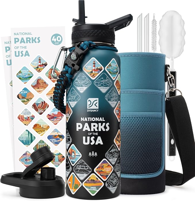 National Parks Water Bottle – 40 oz Insulated Stainless Steel Bottle with 63 Hand-Drawn Park Stickers, Carrier Bag, Strap & Gift Box – BPA-Free – Ideal for Hiking, Camping & Travel
