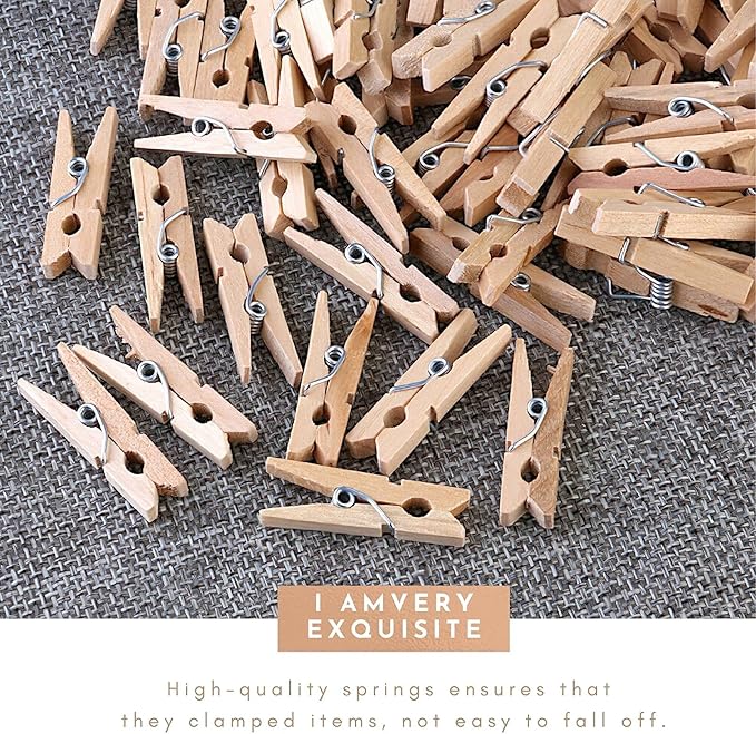 Mini Clothespins, Mini Clothes Pins for Photo Natural Wooden Small Picture Clips for Crafts 1 Inch 300 PCS Tiny Pegs with Jute Twine String Decorative Wood Clips for Wall Hanging Pictures
