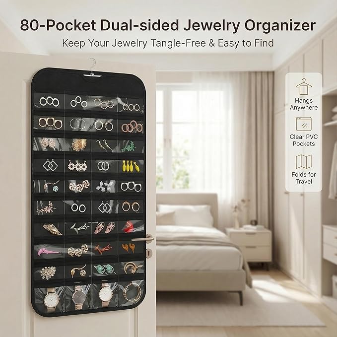 Hanging Jewelry Organizer Double Sided with 80 Clear Pockets, Necklace Organizer Hanging for Closet and Wall, Jewelry Organizer with Hanger, Over the Door Jewelry Organizer, Large Jewelry Storage Bag