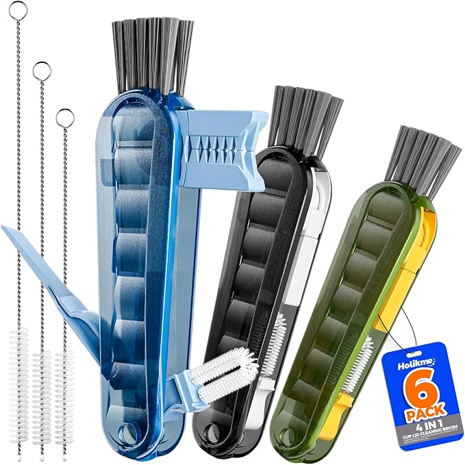 6 Pack Holikme 4 in 1 Cup Lid Cleaning Brush Set with 3 Straws, Multifunctional Bottle Brush, Silicone Cup Lid Gap Cleaner, Durable Bristle Crevice Cleaning Brush, Navy & Black & Olive
