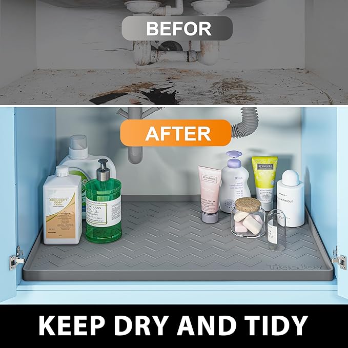 TigeJoy 25" x 19" Under Sink Mats for Kitchen Waterproof, Leak-Proof Silicone Mat Sink Protector and Cabinet Liner, Kitchen Essentials Organizer and Storage, Boot or Shoe Tray, Pet Feeding Mat
