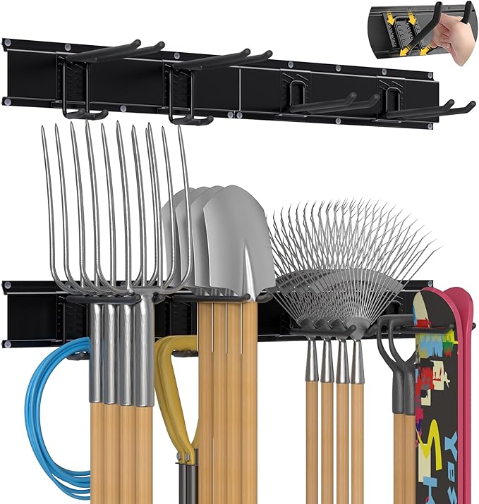 Garage Tool Organizer Wall Mount with 32 inches Rails and Adjustable Heavy-Duty Hooks, Garden Tool Organizer, Carries 300 lbs, Heavy Duty Garage Storage Rack For Yard, Shed, Workshop, Easy to Install