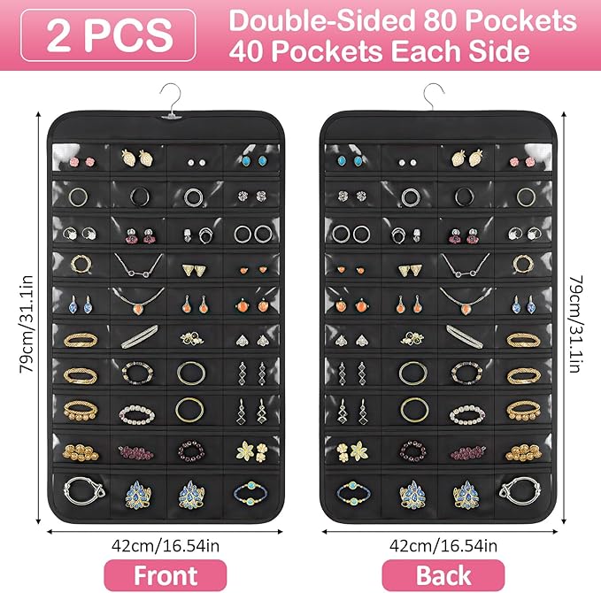 Hanging Jewelry Organizer for Closet with Swiveling Hanger, 17 x 30 In, 80 Clear Pockets Jewelry Organizer Hanging for Jewelries, Earrings, Accessories (Beige) (2, Black)