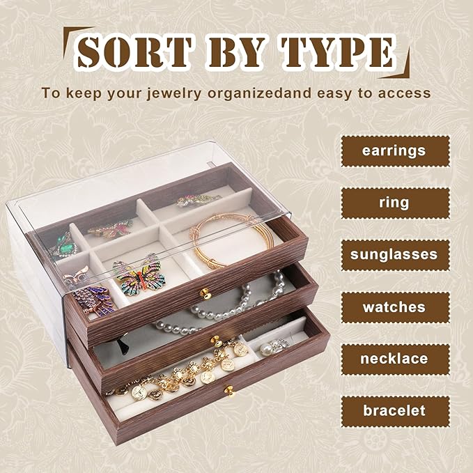 3 Layer Wooden Drawers Jewelry Box Vintage Style Jewelry Organizer with Acrylic Cover, Jewelry Storage Display Box for Ring Earrings Necklace Bracelet Box for Women and Girls Farmhouse Style Wood
