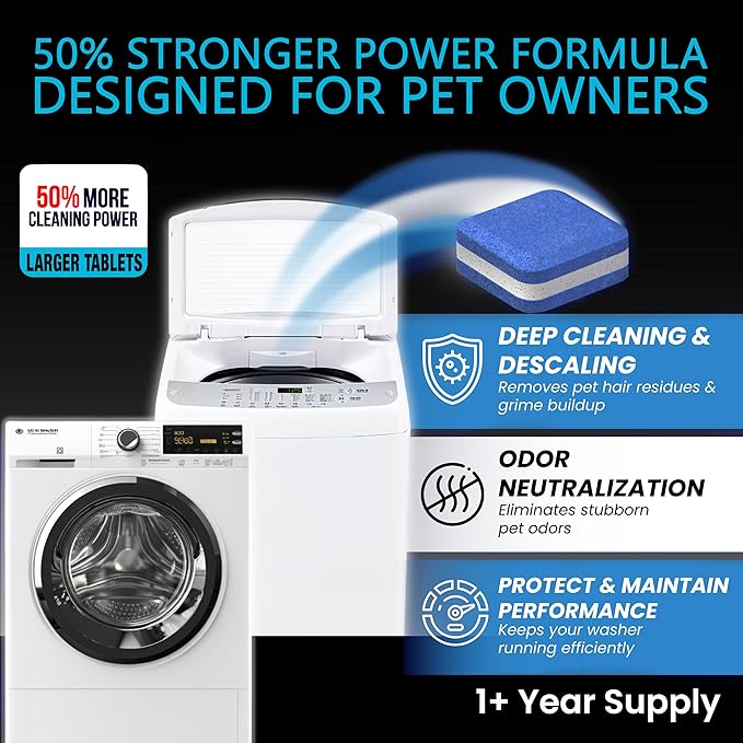 Washing Machine Cleaner New Ultra Pro Tablets 50% Stronger Formula for Pet - 28 Pack, HE Front & Top Load, Washer Deep Cleaning, Remove Tough Pet Hair, Odors, Residue & Grime, No Dander Build-up