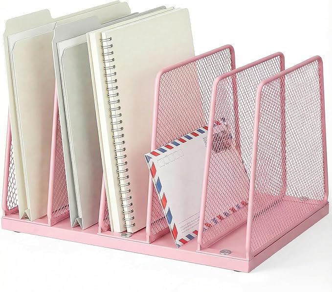 AUPSEN 5-Section Wooden Desktop File Organizer, File Sorter Storage Rack, Vertical File Holder for Office Supplies, Pink