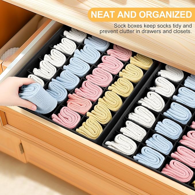 Joyoldelf Sock Organizer Drawer Organizer - Underwear Organizer, 24 Cell Collapsible Closet Organizers and Storage Sock Holders Organizers for Storing Socks, Ties, Belts 6 Pack Black