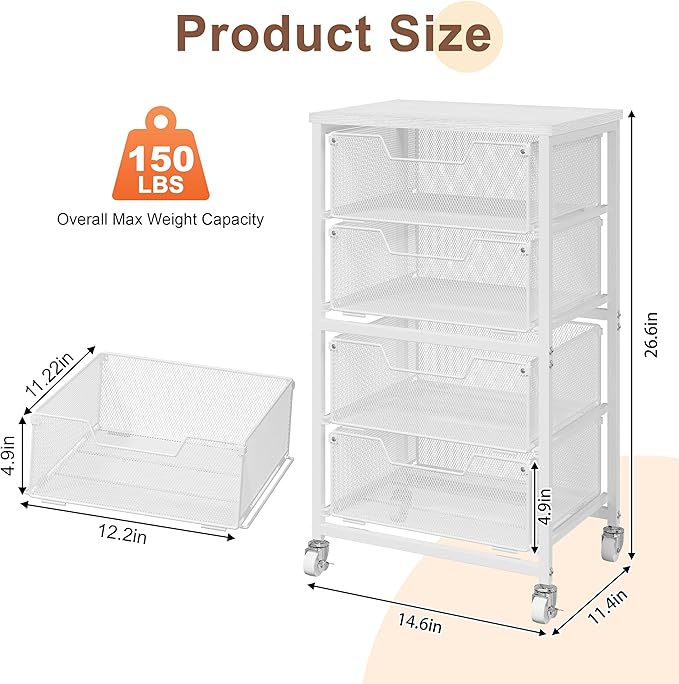 4-Drawer Rolling Storage Cart, Utility Cart with Drawers, White Metal Craft Cart Organizer with Wheels & Wooden Top, Art Supply Storage Organizer for Classroom, Office, Kitchen,Patent Pending