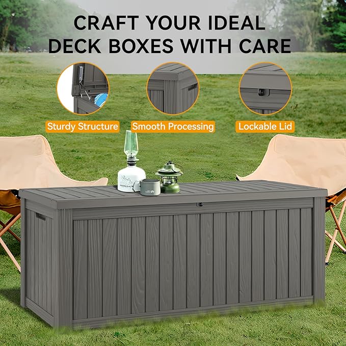 220 Gallon Outdoor Storage Box, Resin Deck Boxes Outdoor Waterproof For Patio Furniture, Garden Tools, Pool Supplies, Lockable And UV Resistant (Striped Gray)