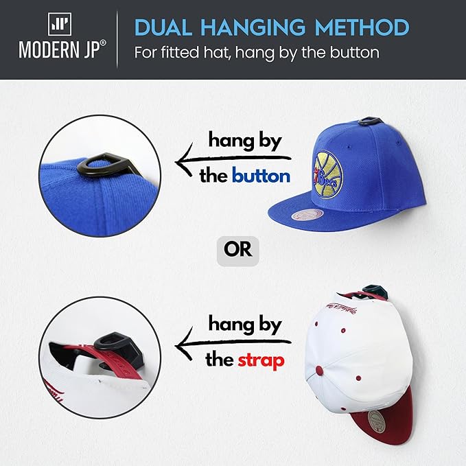 Modern JP Adhesive Hat Hooks for Wall (8-Pack) - Hat Rack for Baseball Caps, Minimalist Hat Display, Strong Hold Hat Hangers for Wall - USA Patented, Black
