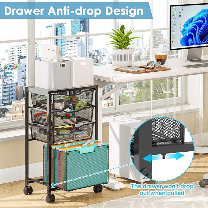 4 Drawers Rolling File Cart, Under Desk Mobile Filing Cabinet with Wheels, File Cabinets for Home Office, Hanging File Folder Organizer Utility Craft Cart Printer Stand, Black