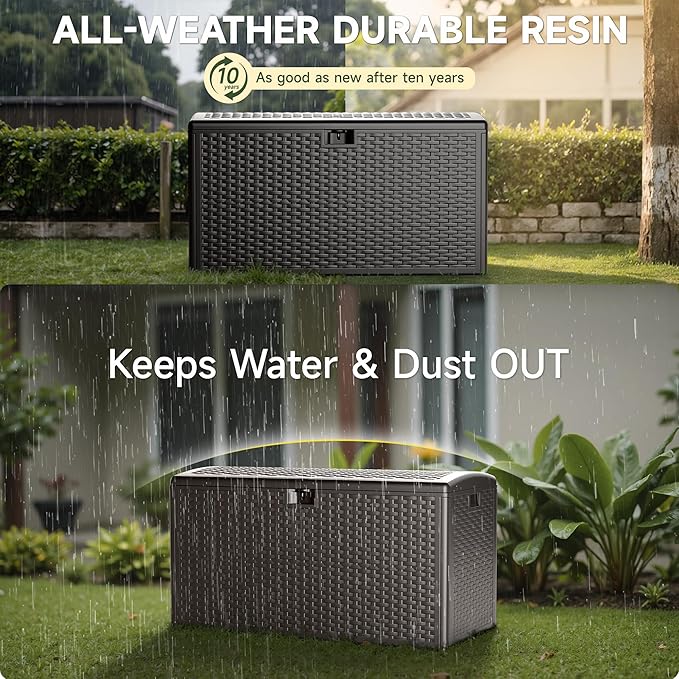 90 Gallon Resin Deck Box, Double Layer Waterproof & Outdoor Indoor Lockable Storage Box for Patio Furniture Cushions Garden Tools (Brown)