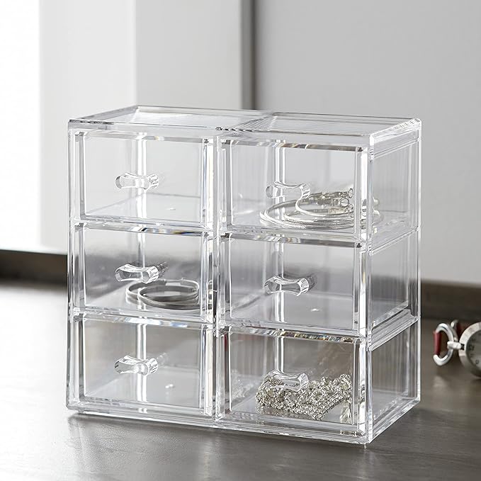 Huang Acrylic Stackable Upright 6-Drawer Jewelry Organizer Crystal Clear Acrylic | Makeup Jewelry Accessories Cosmetic Countertop Storage Display 3.15 x 5.75 x 6.75 inches | Shatter-proof Design