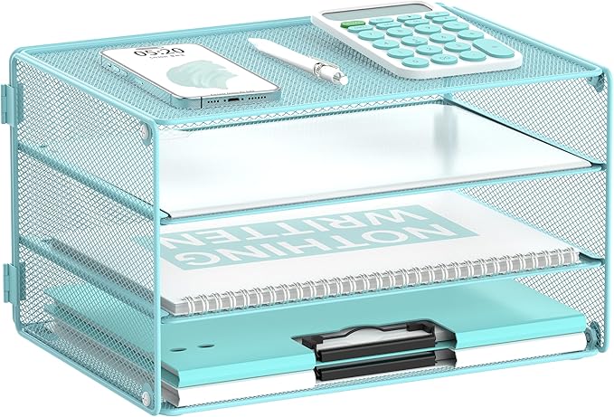DALTACK 3 Tier Letter Tray Paper Organizer Mesh Metal Desk File Organizer for Home & Office, Light Blue