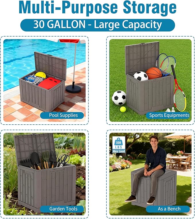 Outdoor Storage Box, 30 Gallon Resin Waterproof Deck Box, Lockable, Built-in Handle, Outside Storage Container for Patio, Garden and Garage